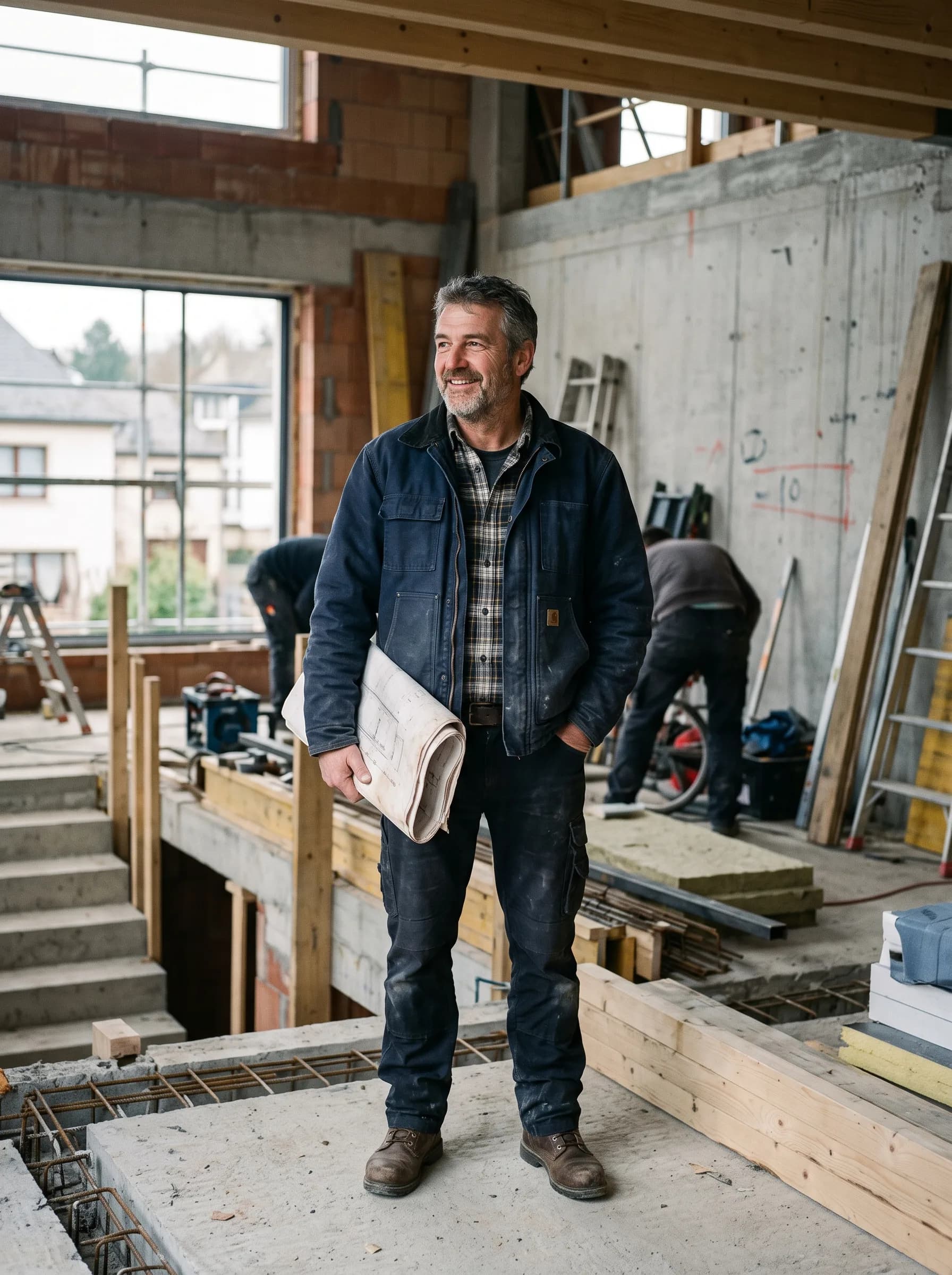 Votre maître d'œuvre en visite de contrôle, plans à la main, sur un chantier à Luxembourg