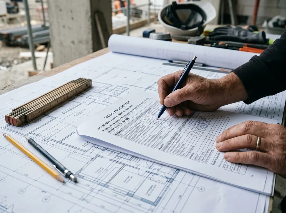 Compte rendu de chantier hebdomadaire annoté, posé sur des plans d'exécution