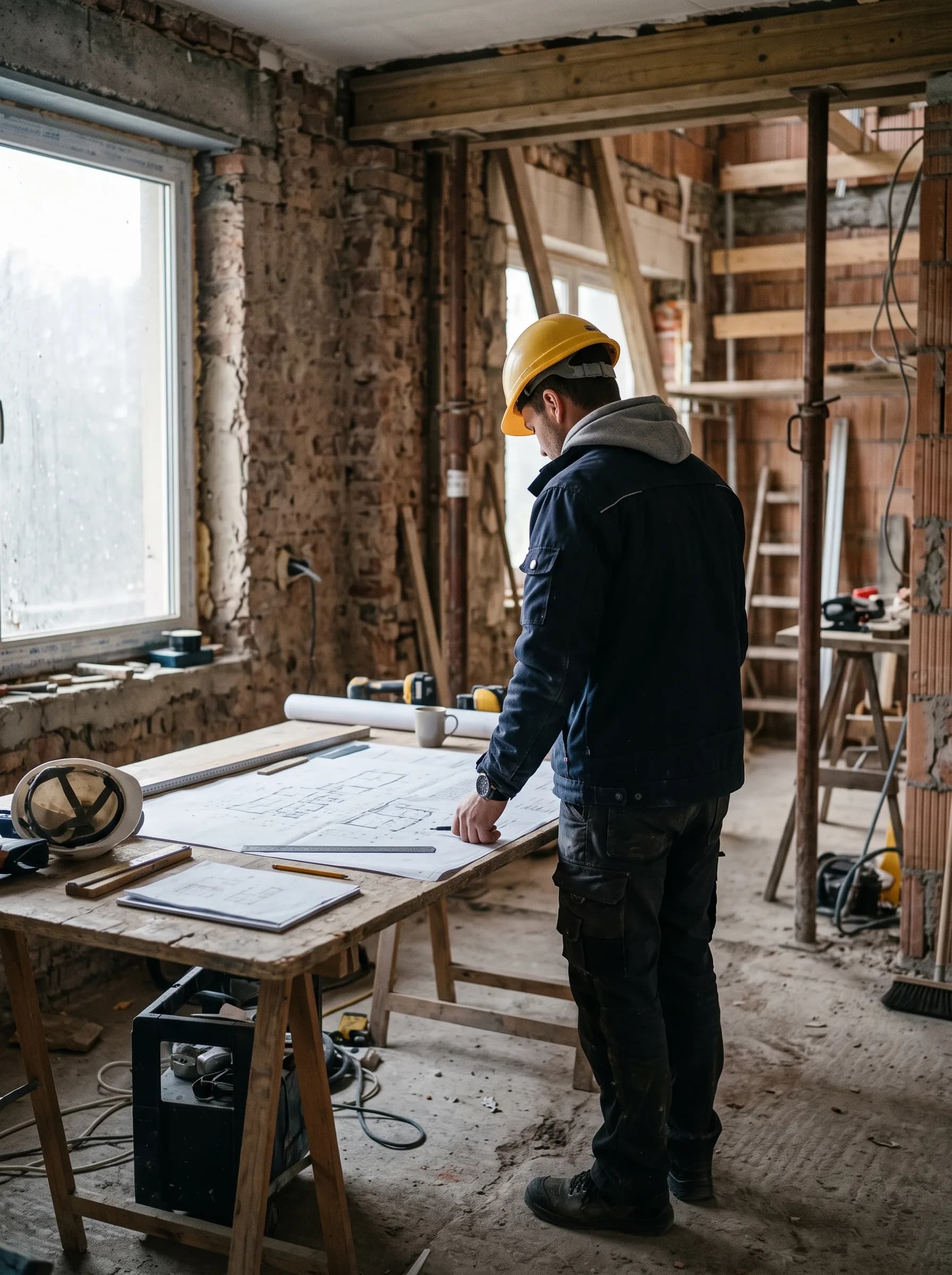 Maître d'œuvre contrôlant les plans d'exécution sur un chantier de rénovation à Luxembourg