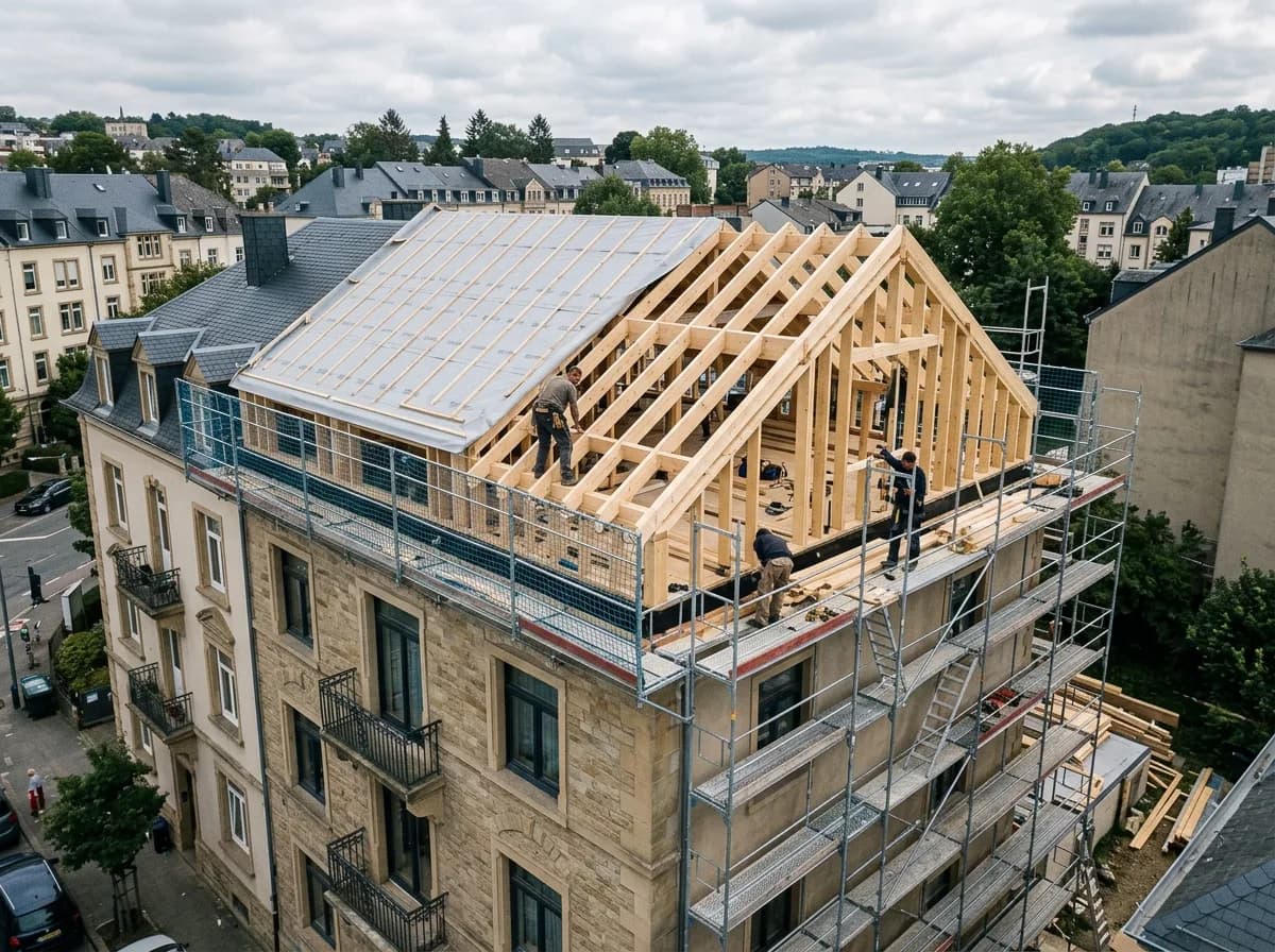 Surélévation en ossature légère d'un immeuble de rapport à Howald, chantier en cours