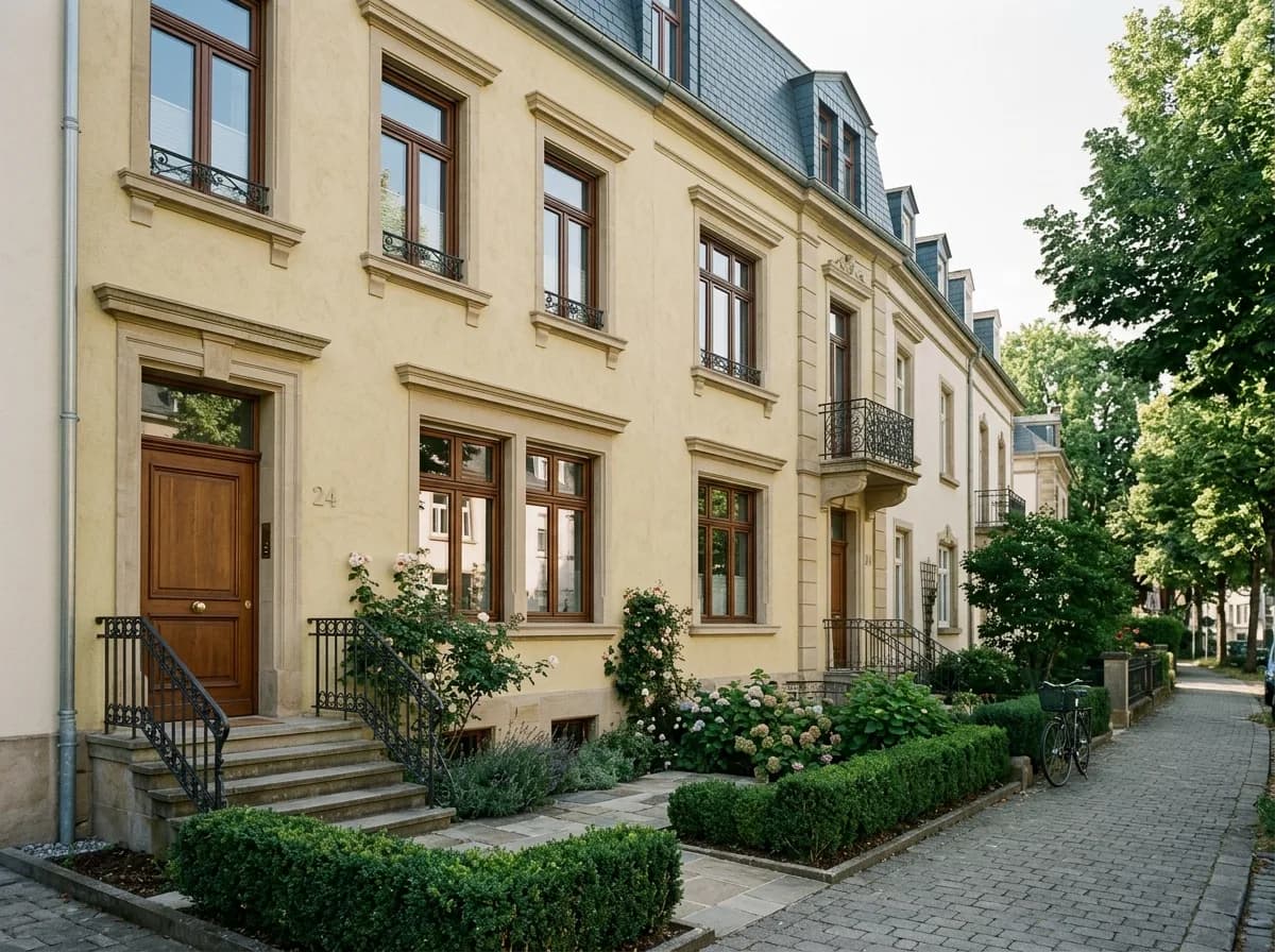 Façade rénovée d'une maison de ville 1928 à Limpertsberg, châssis bois conformes au secteur protégé